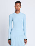 Front cropped image of model wearing Silk Cashmere Rib Knit Sweater in LIGHT BLUE