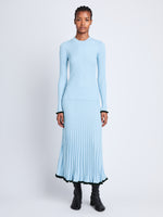 Front full length image of model wearing Silk Cashmere Rib Knit Sweater in LIGHT BLUE