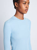 Detail image of model wearing Silk Cashmere Rib Knit Sweater in LIGHT BLUE
