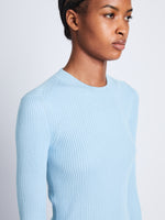 Detail image of model wearing Silk Cashmere Rib Knit Sweater in LIGHT BLUE