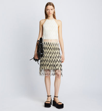 Front full length image of model wearing Graphic Beaded Fringe Embroidered Skirt in BLACK MULTI