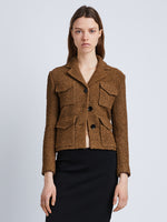 Front cropped image of model wearing Bi-Stretch Tweed Jacket in FLAX