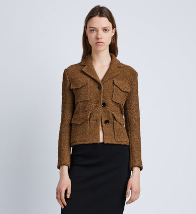 Front cropped image of model wearing Bi-Stretch Tweed Jacket in FLAX