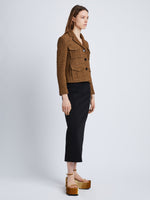 Side full length image of model wearing Bi-Stretch Tweed Jacket in FLAX