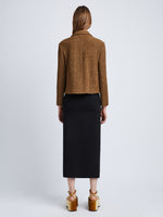 Back full length image of model wearing Bi-Stretch Tweed Jacket in FLAX