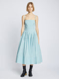 Front full length image of model wearing Eco Poplin Pintuck Dress in BABY BLUE