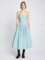 Front full length image of model wearing Eco Poplin Pintuck Dress in BABY BLUE