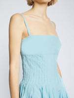 Detail image of model wearing Eco Poplin Pintuck Dress in BABY BLUE