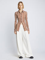 Front full length image of model wearing Printed Matte Jersey Shirt in WINE/ECRU