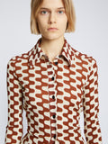 Detail image of model wearing Printed Matte Jersey Shirt in WINE/ECRU