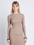 Front cropped image of model wearing Silk Cashmere Rib Knit Sweater in TAUPE