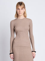 Front cropped image of model wearing Silk Cashmere Rib Knit Sweater in TAUPE