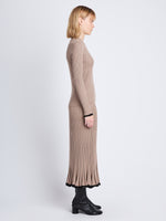 Side full length image of model wearing Silk Cashmere Rib Knit Sweater in TAUPE