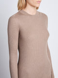 Detail image of model wearing Silk Cashmere Rib Knit Sweater in TAUPE