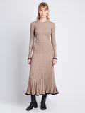 Front full length image of model wearing Silk Cashmere Rib Knit Skirt in TAUPE