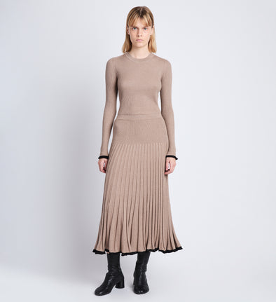 Front full length image of model wearing Silk Cashmere Rib Knit Skirt in TAUPE