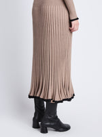 Detail image of model wearing Silk Cashmere Rib Knit Skirt in TAUPE