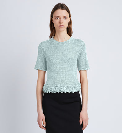 Front cropped image of model wearing Ribbon Crochet Fringe Top in PALE BLUE