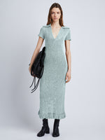 Front full length image of model wearing Ribbon Crochet Fringe Dress in PALE BLUE