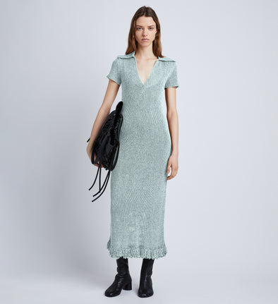Front full length image of model wearing Ribbon Crochet Fringe Dress in PALE BLUE