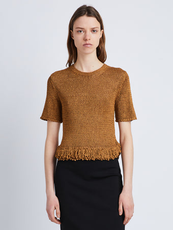 Front cropped image of model wearing Ribbon Crochet Fringe Top in SADDLE