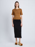 Front full length image of model wearing Ribbon Crochet Fringe Top in SADDLE