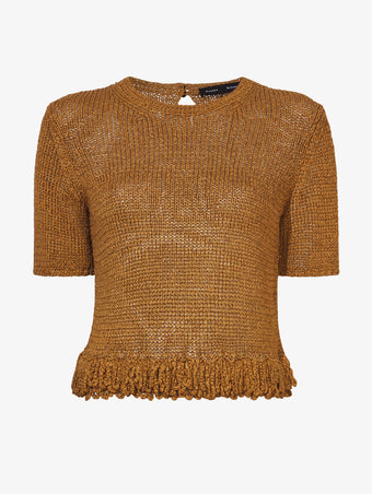 Still Life image of Ribbon Crochet Fringe Top in SADDLE