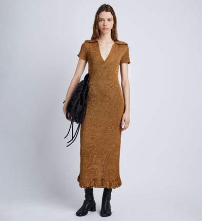 Front full length image of model wearing Ribbon Crochet Fringe Dress in SADDLE