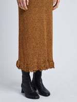 Detail image of model wearing Ribbon Crochet Fringe Dress in SADDLE