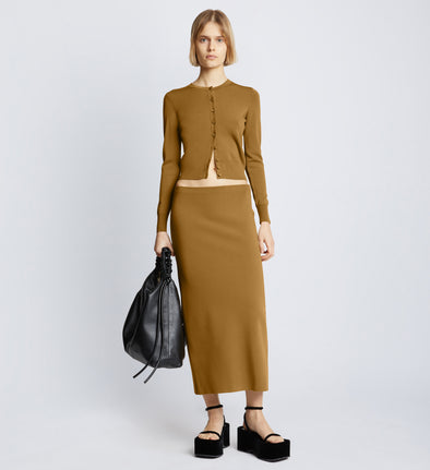 Front full length image of model wearing Silk Viscose Skirt in OCHRE