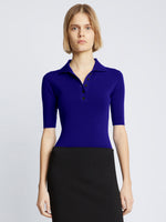 Front cropped image of model wearing Silk Viscose Polo Bodysuit in COBALT