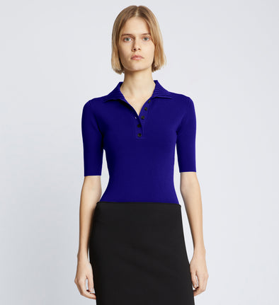 Front cropped image of model wearing Silk Viscose Polo Bodysuit in COBALT