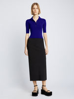 Front full length image of model wearing Silk Viscose Polo Bodysuit in COBALT