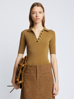 Front cropped image of model wearing Silk Viscose Polo Bodysuit in OCHRE