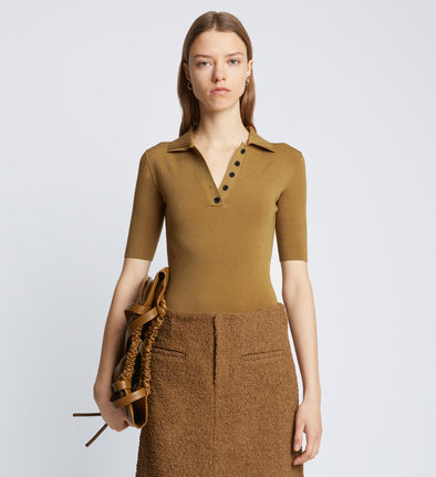 Front cropped image of model wearing Silk Viscose Polo Bodysuit in OCHRE