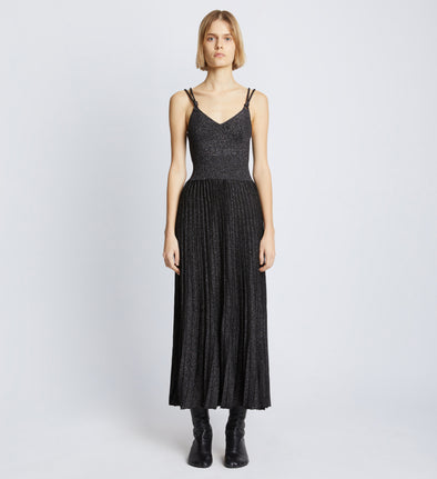 Front full length image of model wearing Metallic Knit Dress in BLACK