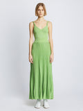 Front full length image of model wearing Metallic Knit Dress in GREEN