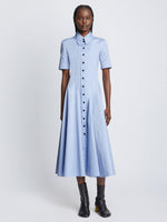 Front full length image of model wearing Silk Cotton Short Sleeve Button Dress in PERIWINKLE