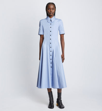 Front full length image of model wearing Silk Cotton Short Sleeve Button Dress in PERIWINKLE