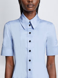 Detail image of model wearing Silk Cotton Short Sleeve Button Dress in PERIWINKLE