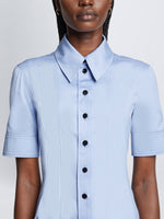 Detail image of model wearing Silk Cotton Short Sleeve Button Dress in PERIWINKLE