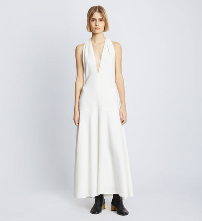Front full length image of model wearing Matte Crepe Twist Back V-Neck Dress in WHITE