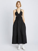 Front full length image of model wearing Viscose Linen Ruched Dress in BLACK