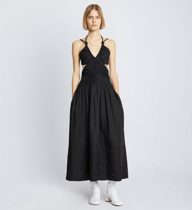 Front full length image of model wearing Viscose Linen Ruched Dress in BLACK