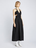 Side full length image of model wearing Viscose Linen Ruched Dress in BLACK