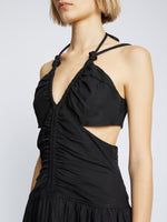 Detail image of model wearing Viscose Linen Ruched Dress in BLACK