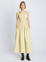 Front full length image of model wearing Viscose Linen Ruched Dress in PARCHMENT