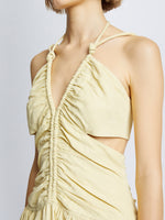 Detail image of model wearing Viscose Linen Ruched Dress in PARCHMENT