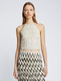 Front cropped image of model wearing Graphic Beaded Fringe Embroidered Top in WHITE MULTI