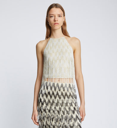 Front cropped image of model wearing Graphic Beaded Fringe Embroidered Top in WHITE MULTI